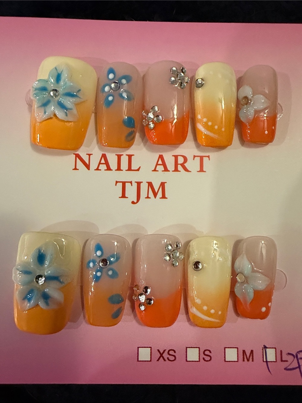 Handmade acrylic Press-On Set in Orange and Yellow with Floral Accents